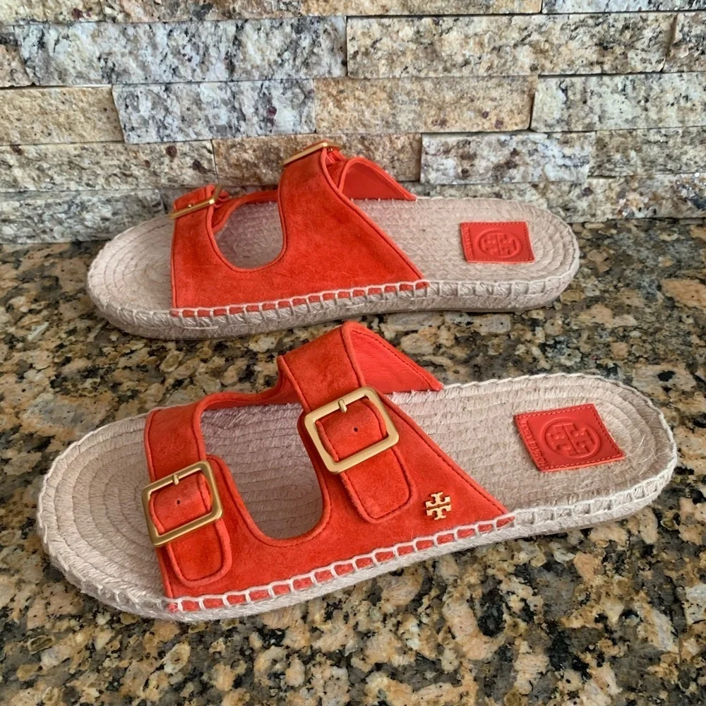 Tory Burch- Selby two Band Espadrille Slides, in “Bright Samba”